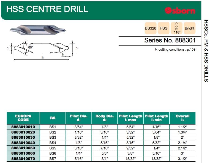 BS4 CENTRE DRILL HSS EUROPA TOOL OSBORN 8883010040