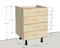 Overlay Style Pine 600mm Wide 4 Drawer Kitchen Base Unit