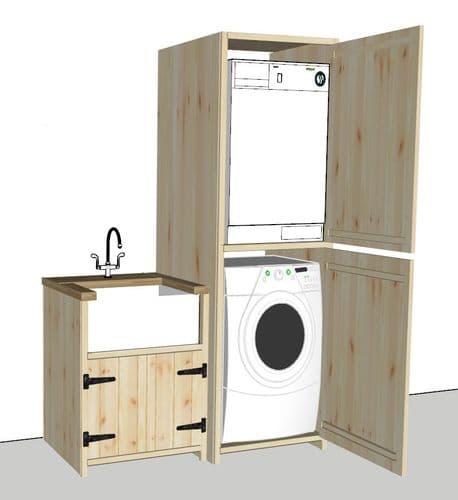Rustic Farmhouse Belfast Utility Fitment with stackable appliance cupboard
