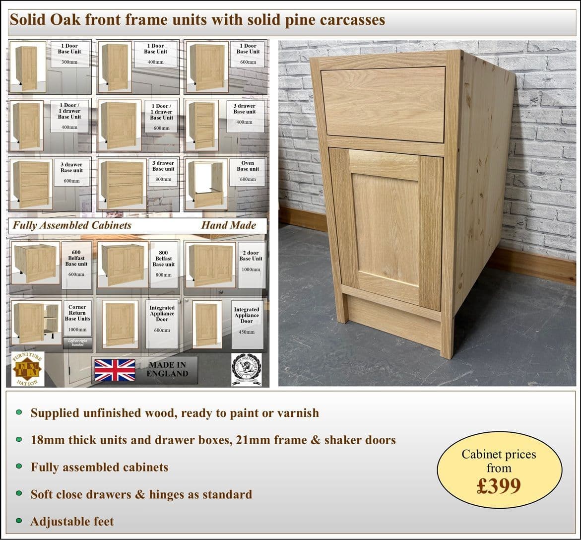solid oak and pine kitchen cabinets, fully assembled