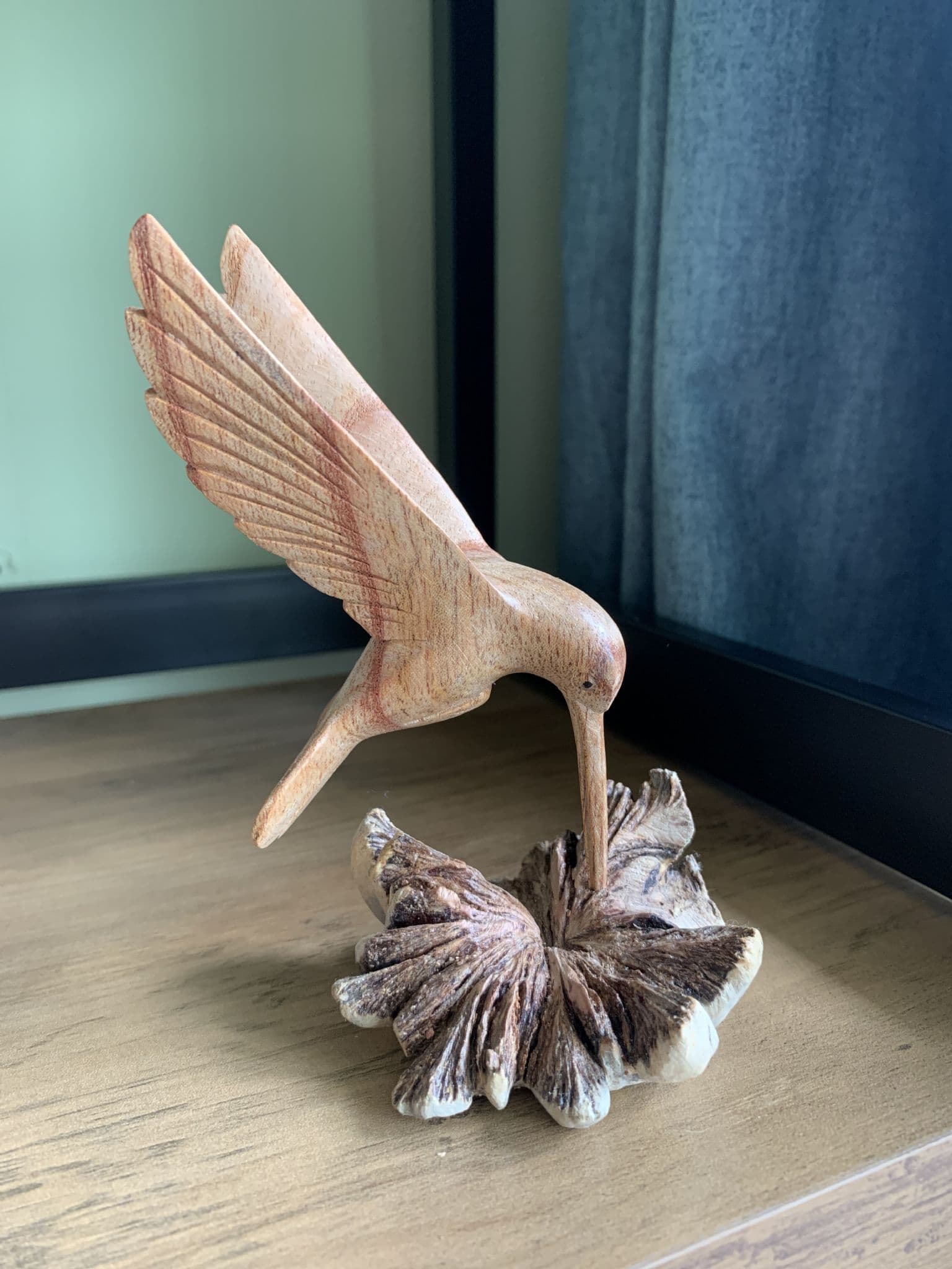Wooden Carved Hummingbird on Parasite Wood