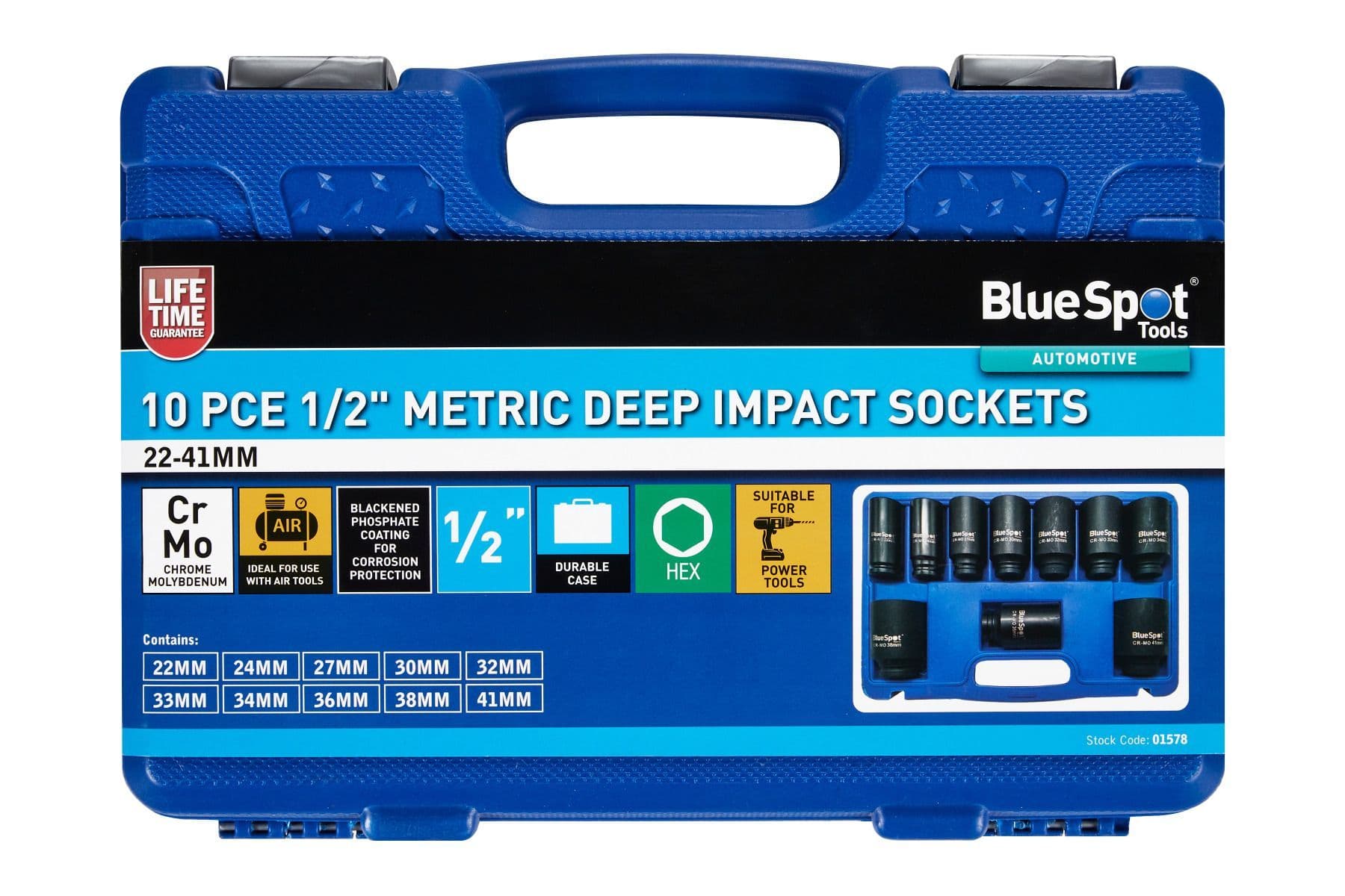 Blue Spot 01578 Metric Deep Impact Sockets 22mm-41mm 1/2D 10 Piece