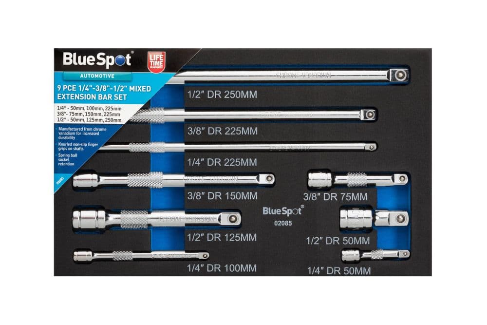 Blue Spot 02085 Mixed Extension Bar Set 9 Piece 1/4-3/8-1/2D