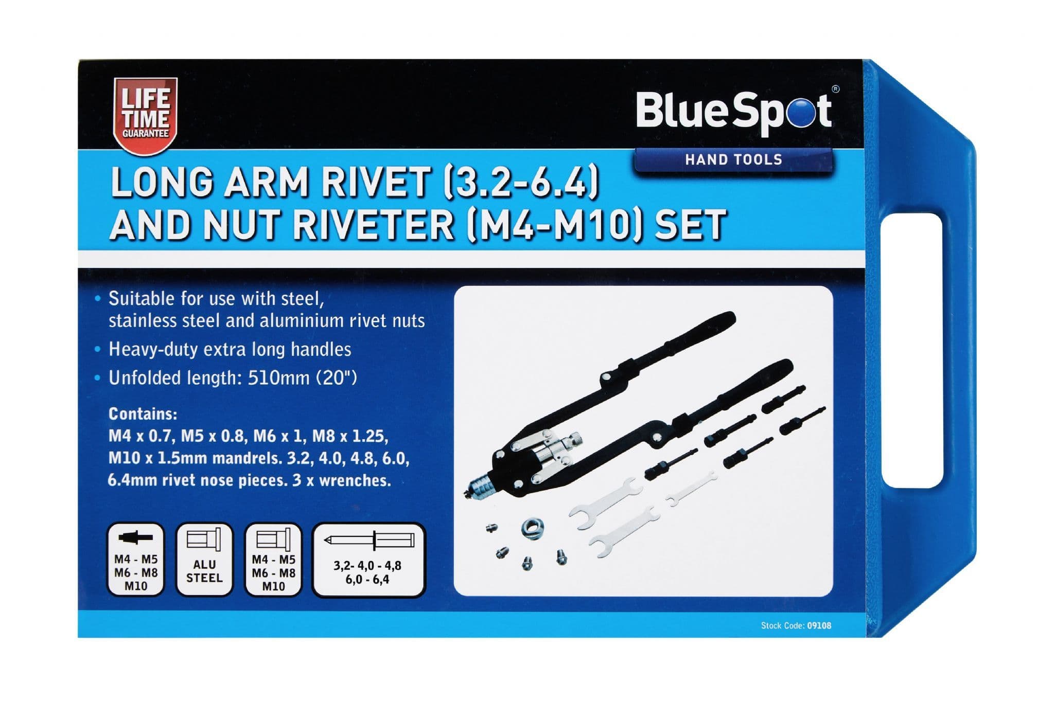 Blue Spot 09108 Long Arm Rivet 3 2-6 4 and Nut Riveter M4-M10 Set