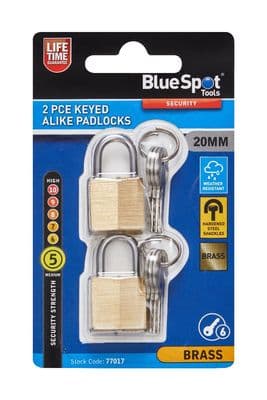 Blue Spot 77017 Brass Padlock Keyed Alike Padlocks 2 Piece 20mm