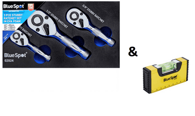 Blue Spot Stubby Ratchet Set In EVA Foam Tools 3 Piece With Pocket Spirit level