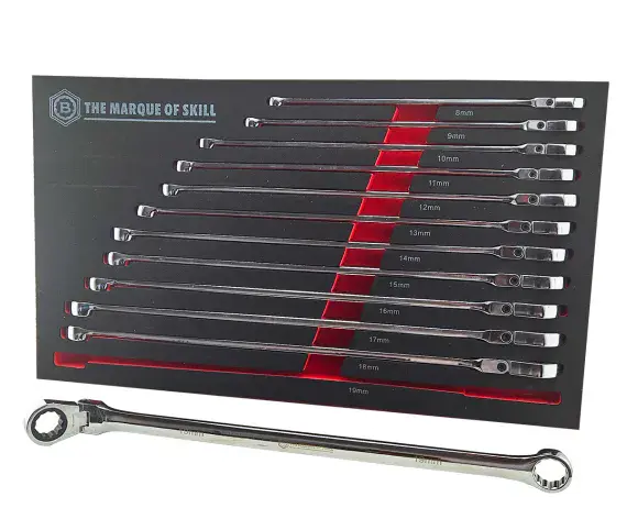Britool Hallmark RRXLFSET12 12 Piece Extra-Long Flexi Ring Ratchet Spanner Set