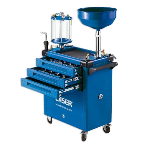 Laser Tools 9127 Oil Service Station Trolley 70L & Oil Filter Cup Wrench & Drain Key Kit