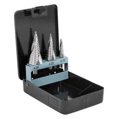 Sealey AK4749 HSS 4341 Step Drill Bit Set 3pc Spiral Flute
