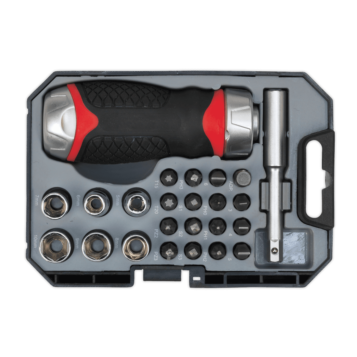 Sealey AK64906 Fine Tooth Ratchet Screwdriver Socket & Bit Set 24pc Stubby