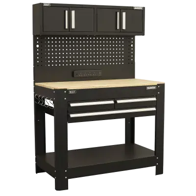 Sealey AP12701 Workbench with Pegboard Back Panel, Power Bar & Wooden Top