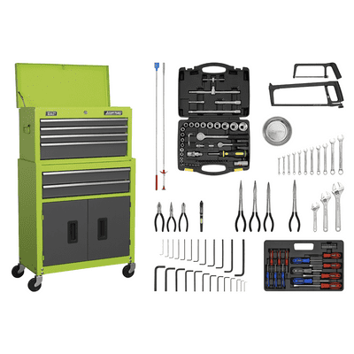 Sealey AP2200COMBOHV Hi-Vis Green Topchest Rollcab 6 Drawer & 168 Piece Tool Kit
