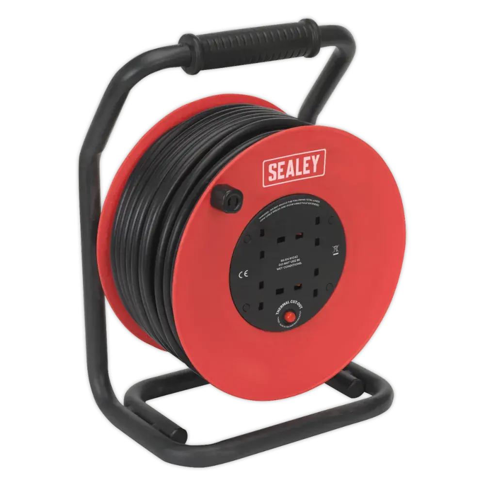Sealey CR25025 Cable Reel 50m 4 x 230V 2 5mm Heavy-Duty Thermal Trip