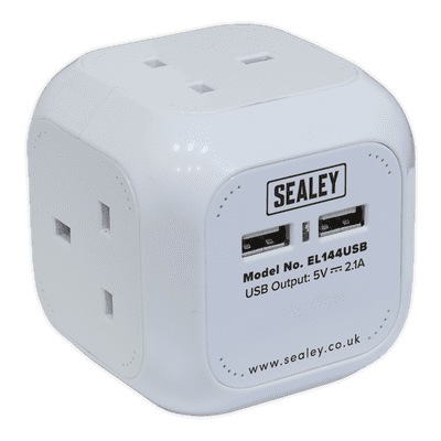 Sealey EL144USB Extension Cable Cube 1.4m 4 x 230V & 2 x USB Sockets - White