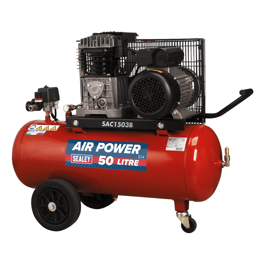 Sealey SAC1503B Compressor 50L Belt Drive 3hp with Cast Cylinders & Wheels