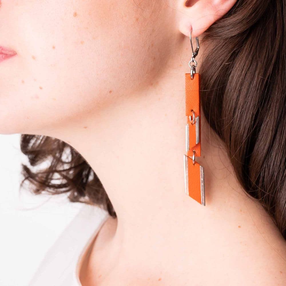 Double Orange Leather and Diamond Feature Drop Earrings with Leather Inlay