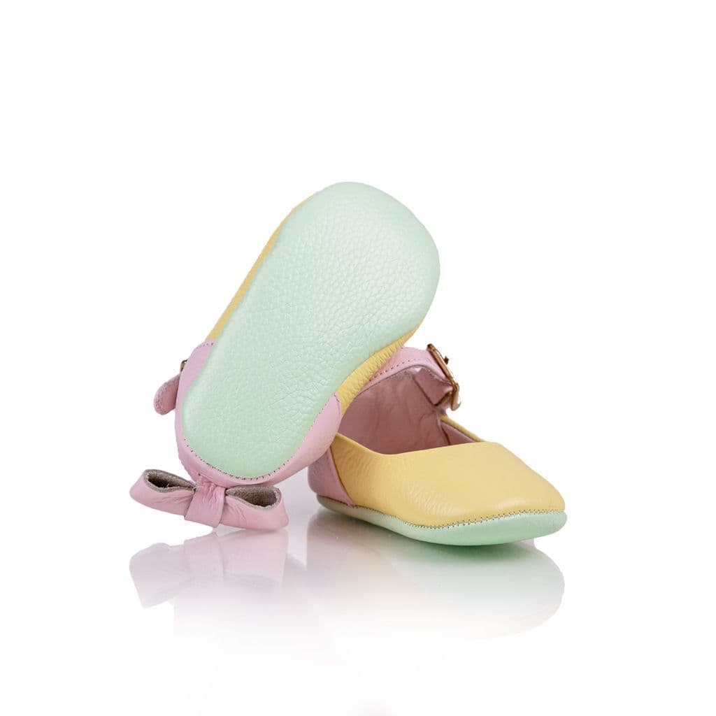 Genuine Leather Yellow Pink Baby Mary Janes with Bow, Baby Soft Soles