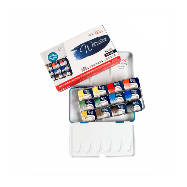 Rosa Gallery 12 Full Pan Classic Artists' Watercolour Set in Turquoise Metal Carry Case
