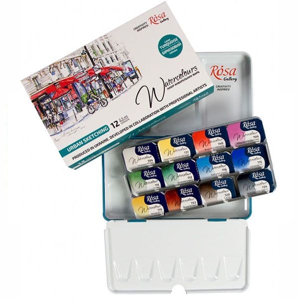 Rosa Gallery 12 Full Pan Urban Sketching Artists' Watercolour Set in Turquoise Metal Carry Case