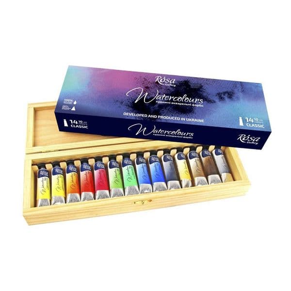 Rosa Gallery 14x 10ml Tubes Assorted Colours Wooden Box  Artists' Watercolour Set