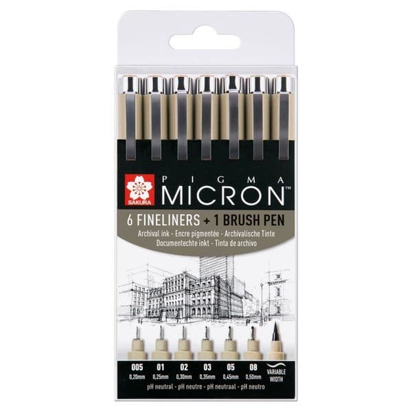 Sakura Pigma Micron Set 6 fineliners +1 Pigma Brush