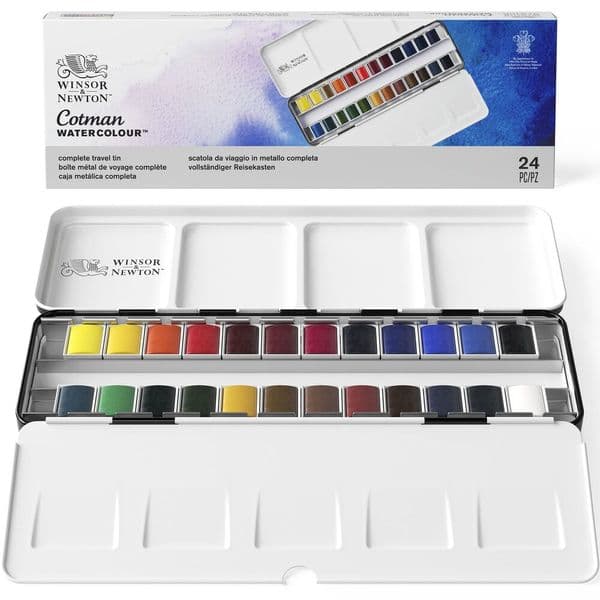 Winsor & Newton Cotman Watercolour Metal Travel Tin 24 Half Pans