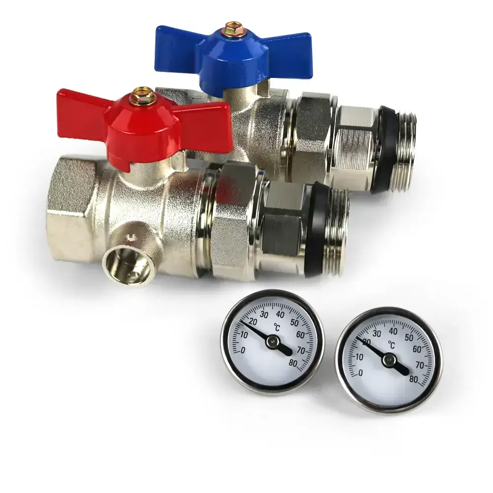 Fastwarm 1 x 1 inches Isolation/Ball Valve Pair w/Temperature Gauge (Red/Blue Valves)