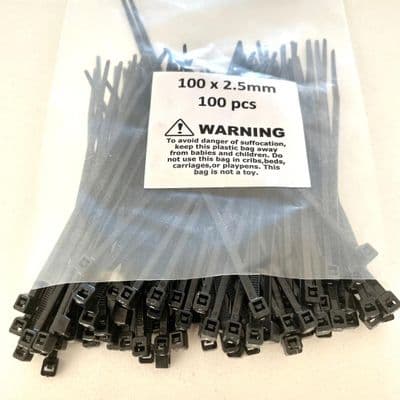 100 X Cable Zip Ties Black 100mm x 2.5mm