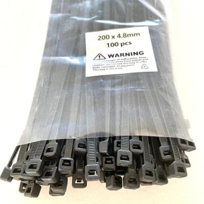 100 X Cable Zip Ties Black 200mm x 4.8mm