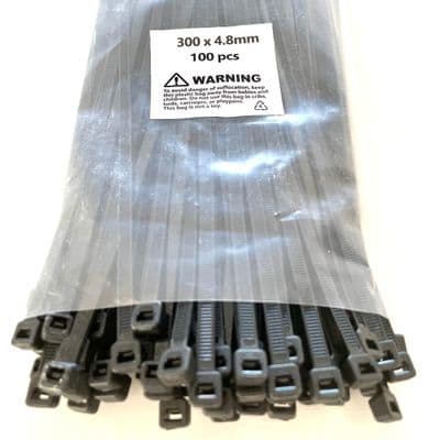 100 X Cable Zip Ties Black 300mm x 4.8mm