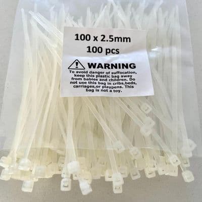 100 X Cable Zip Ties White 100mm x 2.5mm