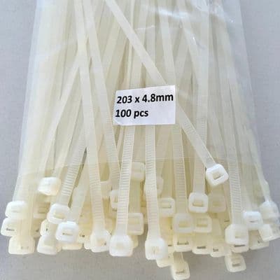 100 X Cable Zip Ties White 200mm x 4.8mm