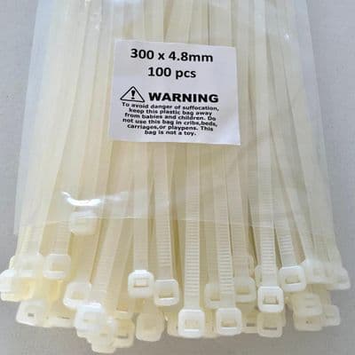 100 X Cable Zip Ties White 300mm x 4.8mm