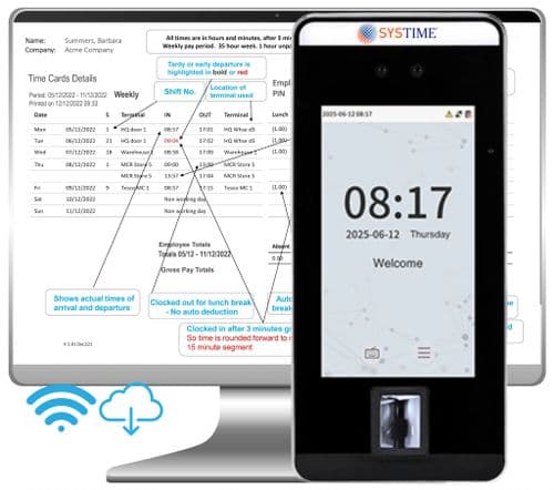 CLOUD clocking in Face, Palm, Finger recognition, Mifare tag, or PIN