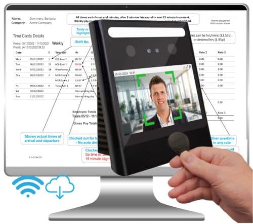 Face and RFID clocking in system with WIFI. GeoFace 7703 (Up to 300 employees)