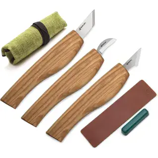 BeaverCraft S55 Wood Carving Chip Knife Set - 3 Knives Strop Compound and Tools Roll