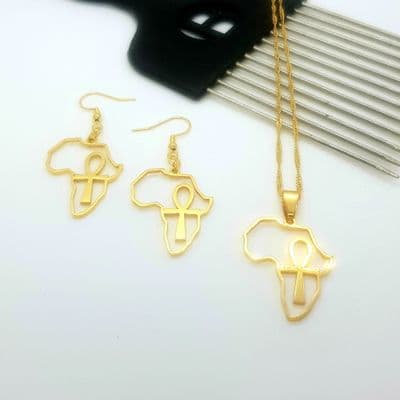 Africa Map with Ankhs Earrings & Necklace Set - Gold