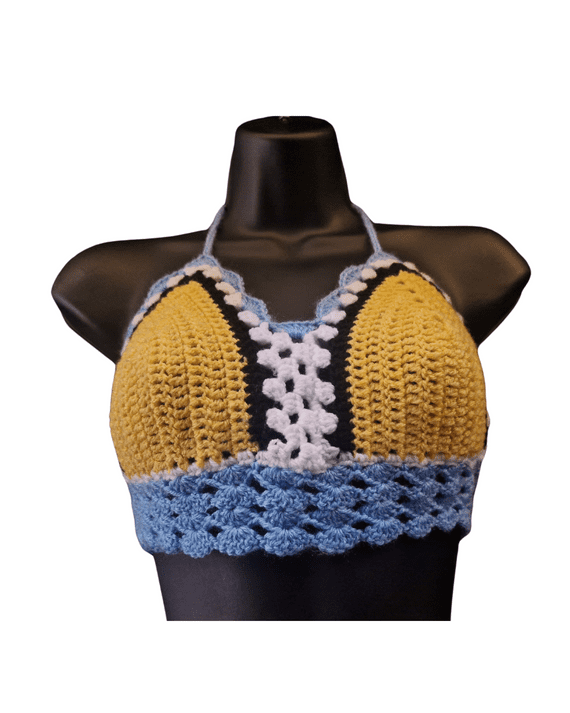 Blue, Yellow, White & Black Crochet Top