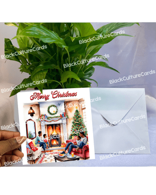 Family By The Fireplace Christmas Card