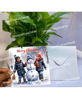 Two Children with Snowman Christmas Card