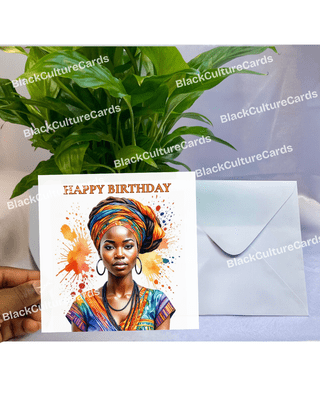 Woman Orange Headwrap Birthday Card