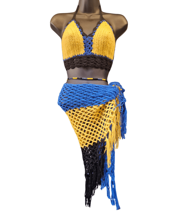 Yellow, Blue & Black Crochet Beach Wrap