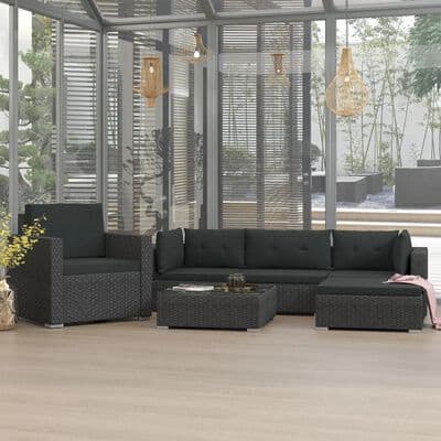 Black 6 Piece Poly Rattan Garden Lounge Set with Cushions Black