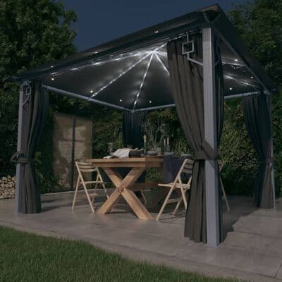 Gazebo with Curtain&LED String Lights 3x3 m  Aluminium - Available In 3 Colours