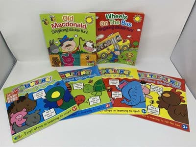 Set 0f 6 PRE SCHOOL Activity STICKER BOOKS Counting, Spelling, Time, Writing