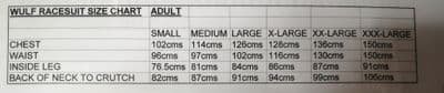 WULF ADULT RACE SUIT SIZE CHART