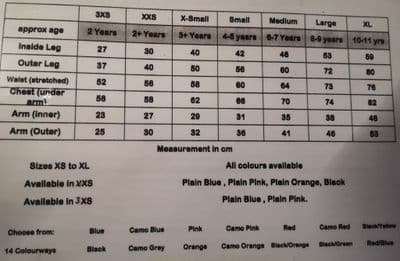WULF KIDS CAR  SUIT SIZE CHART