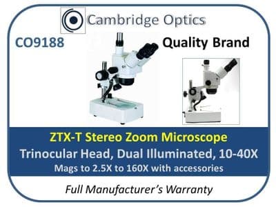Trinocular Stereo Zoom Microscope 10X-40X (2.5X-160X with accessories) GXMZTX-T