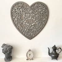 Beautiful Large Filigree Heart Shaped Carved Panel in Grey