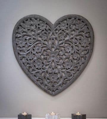 Beautiful Large Filigree Heart Shaped Carved Panel in Grey